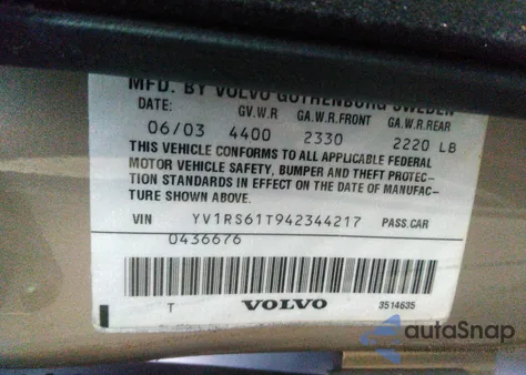 2004 Volvo S60 2.4 z USA, uszkodzony, nr VIN YV1RS61T942344217